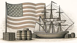 A tall sailing ship is anchored beside stacked crates near a flag on a colonial dock.