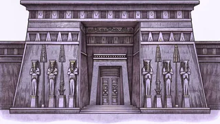 Ancient Egyptian temple wall decorated with intricate hieroglyphics and golden deity statues.