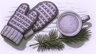 A pair of knitted mittens and a sprig of pine sit beside a mug of cocoa on fresh snow.