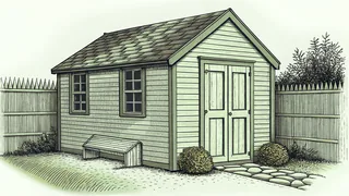 Standing beside a wooden bench, a garden shed frames a peaceful setting
