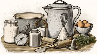 Kitchen tools arranged on counter: kettle, whisk, grater, timer.