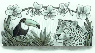 Rainforest scene with toucan, vines, orchids, jaguar, and frog.