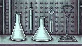 Science equipment—beaker, funnel, and tongs—sits arranged on a metal workbench.