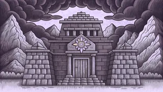 An ancient Inca stone temple with carved sun symbol set against towering mountains and stormy skies.