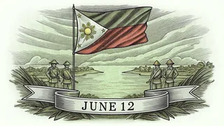 The Philippine flag waving proudly over a harbor with scenes of revolutionary heroes and history.
