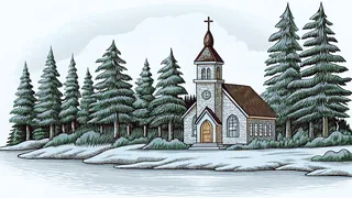 Crystal blue spring waters flowing past a historic stone church.
