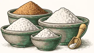 An array of traditional Indian spices in bowls with a mortar and pestle for grinding.