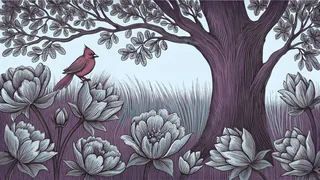 A cardinal bird resting on a branch among pink peonies.