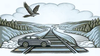A racing car speeds beside railroad tracks while an eagle soars above a winding river in the background.