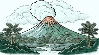 Indonesian volcanoes Mount Merapi and Mount Kelud rising above lush tropical jungle vegetation.