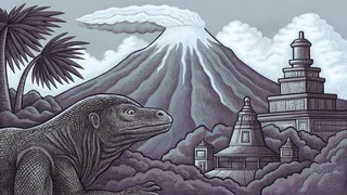 A Komodo dragon prowls volcanic terrain beneath towering Mount Bromo