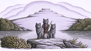 A three-headed cerberus dog stands beside a robed ferryman with a wooden staff on a dark river.