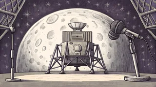 Historical symbols including a lunar module, basketball equipment, laboratory instruments, and a stage microphone.