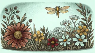 Diverse insects including a bee, butterfly, and dragonfly flutter among blooming wildflowers.