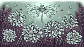 A butterfly and dragonfly dance among blooming wildflowers with foraging bees.