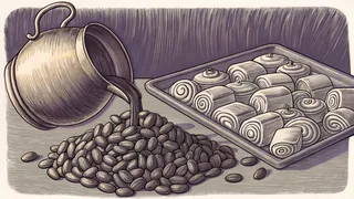 A copper kettle tips a stream of cocoa beans into a mound beside a tray of swirled chocolate sweets.
