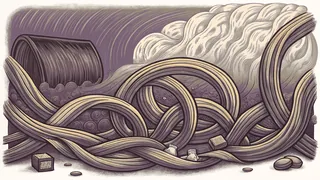 A copper kettle pours melted chocolate into a winding river laced with ribbons of caramel.