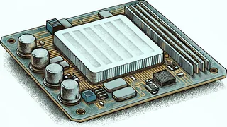 Computer internals showing a complex circuit board with processors and cooling.