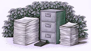 Insurance documents organized in files with a calculator on a desk