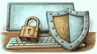 A padlock and shield leaning against a desktop computer on a desk.
