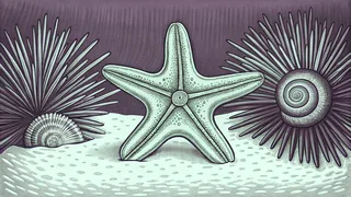 Colorful invertebrates including starfish, urchins, and snails rest on sandy ocean floor.