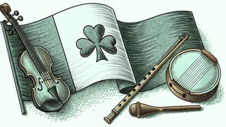 Traditional Irish musical instruments arranged together—fiddle, drum, harp, whistle.