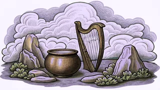 A bronze cauldron beside a wooden harp among standing stones in drifting mist, in violet purple.