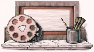 A paint palette with brushes rests next to a film canister on a marble shelf.