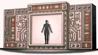 A robot figure stands next to glowing electronic circuit displays and panels.