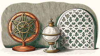 A brass astrolabe and a panel of carved wooden lattice beside a small clay oil lamp.