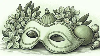 Carnival mask next to holiday ornaments and blooming spring flowers