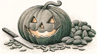 A glowing jack-o'-lantern with a carved grin displayed on a rustic porch.