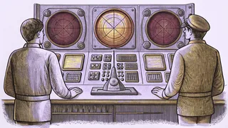 A military command center glows with radar screens beside a submarine model on a desk.