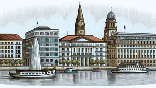 A vibrant waterfront cityscape features a broad river with boats and historic architecture