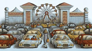 Heavy traffic jams Jakarta's streets beside modern shopping malls and theme parks