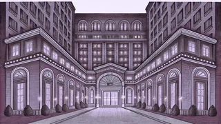 A grand hotel entrance glows beneath string lights along a busy avenue.
