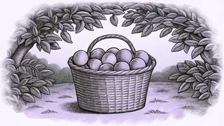 A basket of ripe orchard fruit sits beneath green leafy branches in sunlight.