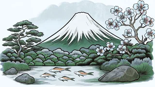Mount Fuji looms behind blooming cherry trees with koi fish in a garden pond