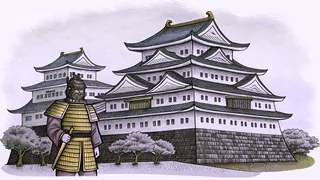 A warrior in traditional Japanese armor before a castle with ornate architecture