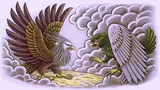 Two Japanese mythological creatures—a water sprite and bird demon—in an eerie mist.