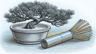 A bonsai pine growing in a shallow ceramic dish, beside a bamboo tea whisk.