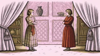 Two figures, one envious while watching another receive recognition or a prize.