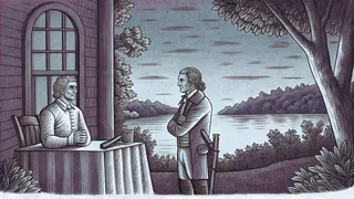 Historic figures stand beside the flowing Missouri River.
