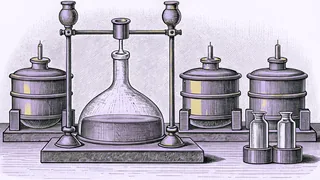 A glowing potion bottle stands among brass retorts in a gaslit Victorian laboratory.