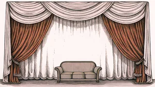 A plush velvet theatre curtain frames a silhouette of a mid-century sofa and side table in soft theatrical light.