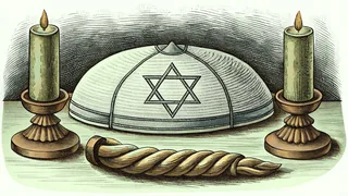 A kippah and shofar resting beside braided candles on a table set for Shabbat.