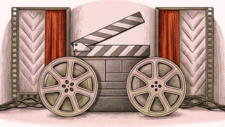 A blank clapper board and film canister rest on a dusty projection booth shelf beside vintage lighting equipment.