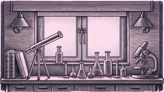 Laboratory glassware and scientific instruments sit on a workbench beneath warm lamplight.