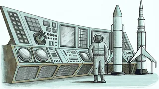 Space exploration featuring mission control equipment and an astronaut in a spacesuit.