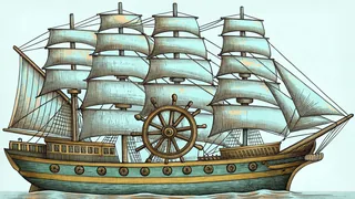 A wooden sailing ship with raised sails and sailors manning the deck.